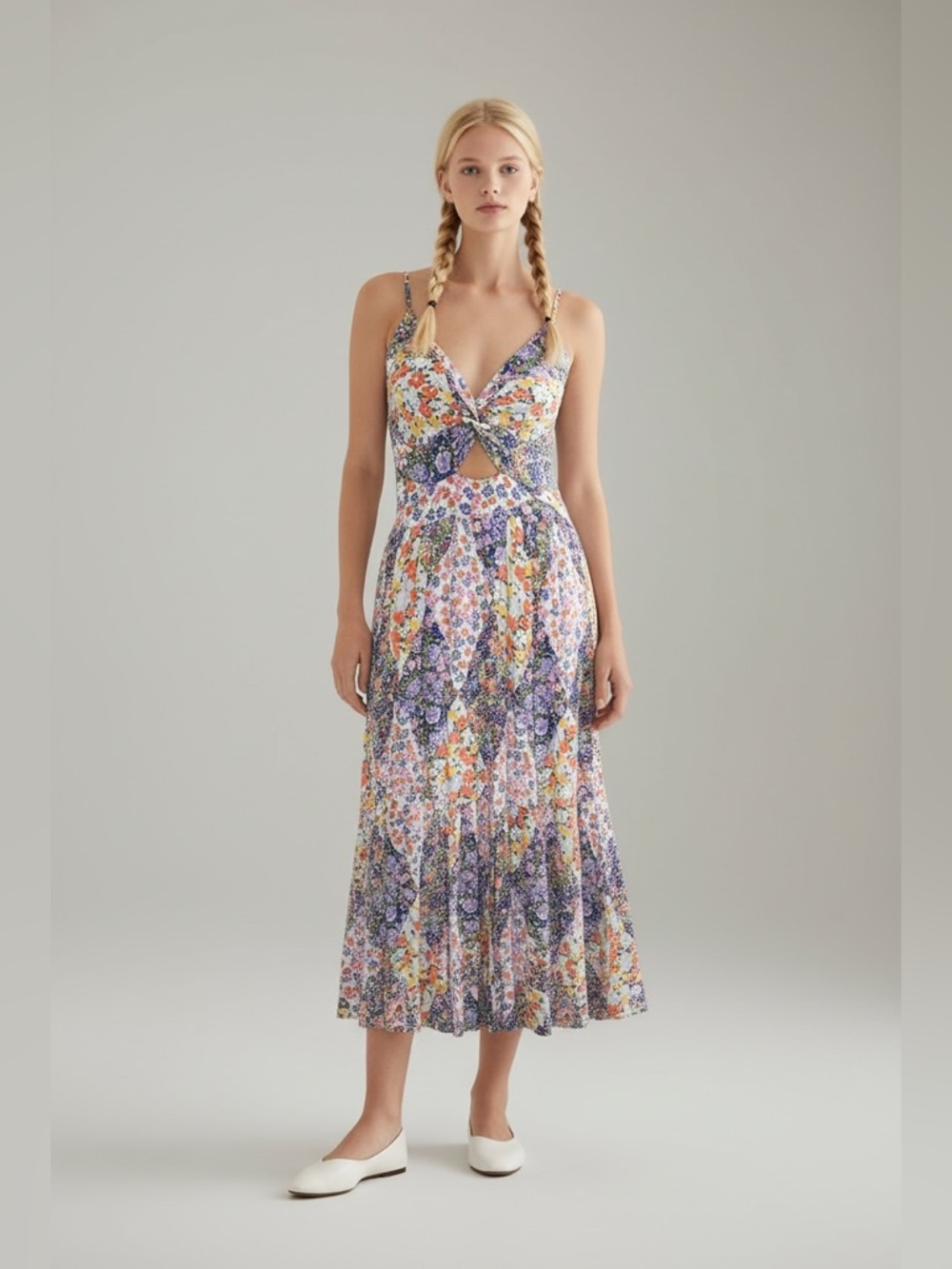 Angie Bohemian Feminine Floral Cutout Midi Dress in Multicolor Smocked back larg
